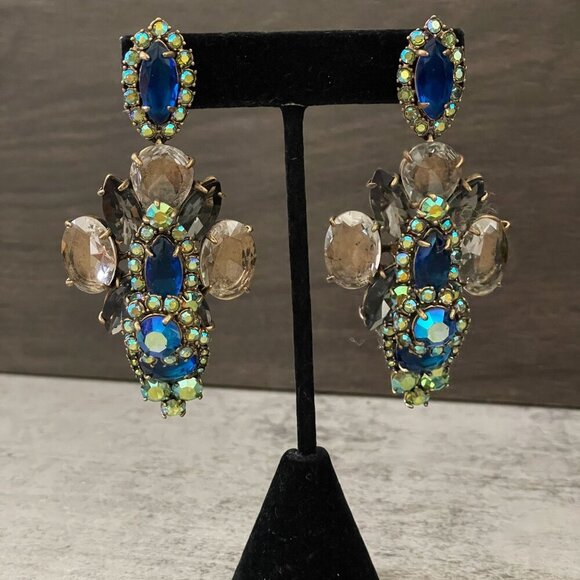 J. Crew Riviera Blue Aurora Borealis Czech Glass Drop Statement Pierced Earrings - Picture 2 of 7